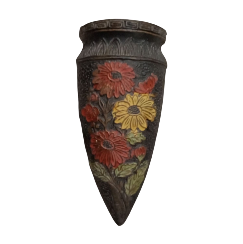 Vintage Tokanabe Japanese Floral Wall Vase with Red and Yellow Accents
